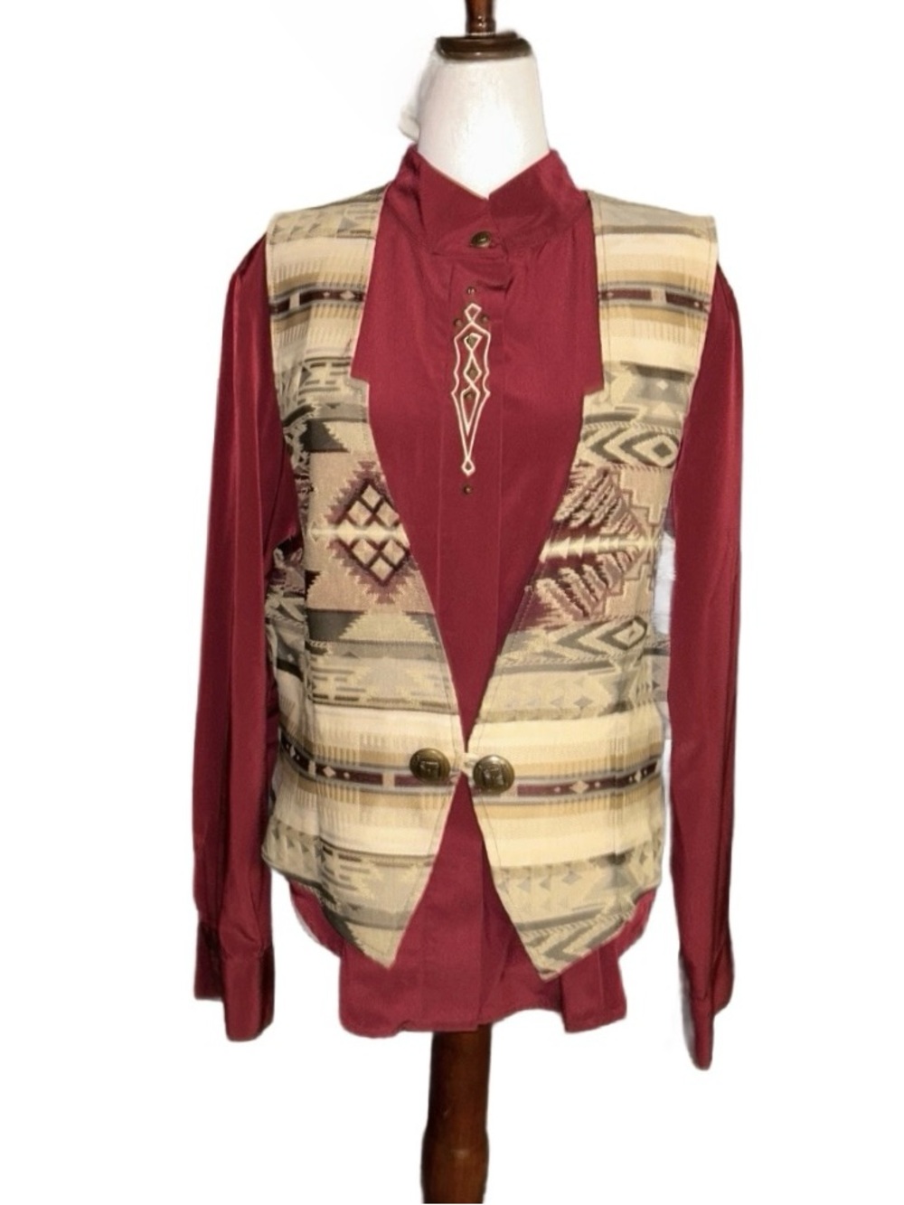New Frontier Clothing • Large • Burgundy/Beige Aztec (2 Piece) Blouse & Vest Set